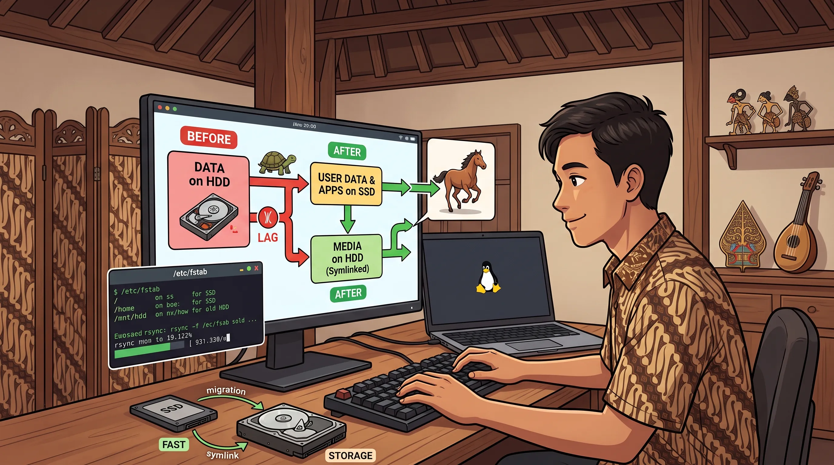 An illustration of a person working at a Linux desktop with a diagram explaining a split-home storage setup, migrating active user data to an SSD while keeping bulk media symlinked on an HDD.