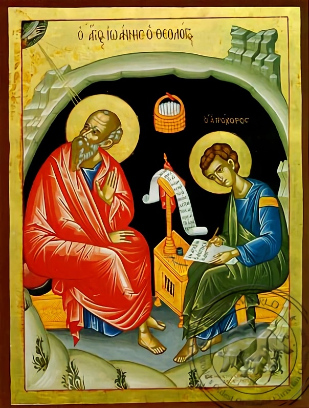 Ikon Js Yohanes Sang Theolog dan Js Prokhorus Rasul. Sumber: https://www.oramaworld.com/en/p/10797/Apostle_and_Evangelist_Saint_John_the_Theologian_with_Saint_Prochorus_the_Apostle,_in_Cave,_Full_Body_-_Byzantine_Icon